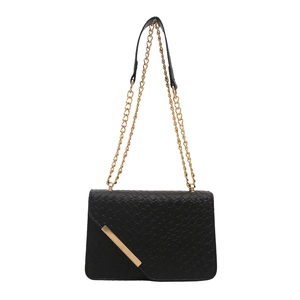 Elegant black woven texture crossbody bag with gold metal trim and chain strap