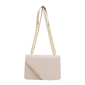 Chic beige woven texture flap shoulder bag with gold chain strap and metal trim details