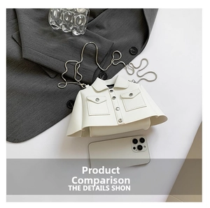 Detailed view of white jacket-shaped crossbody bag with silver hardware and chain strap