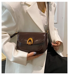 Detailed close-up of dark caramel saddle bag with a golden horseshoe metal buckle