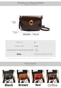 Detailed view of retro PU saddle bag with gold buckle, dimensions and four color options