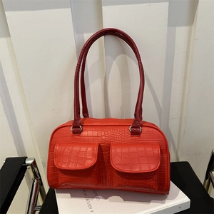 Vintage red crocodile pattern tote bag with dual front pockets and long handles