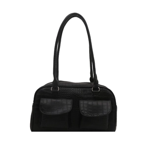 Retro black crocodile texture shoulder bag with dual front pockets and silver hardware