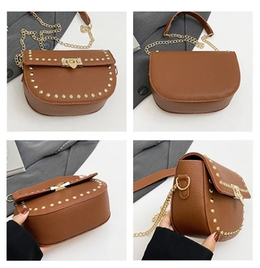Vues détaillées d'un sac besace marron avec rivets dorés et finition en similicuir