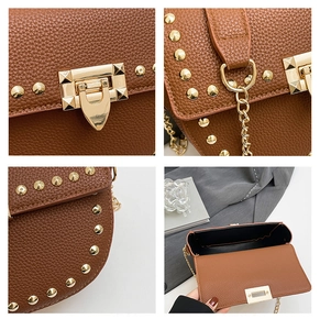 Détails du sac en cuir grainé marron avec des rivets dorés et un fermoir à boucle en métal