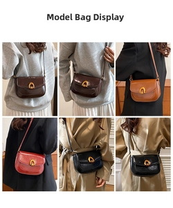 Detailed views of minimalist saddle crossbody bags in multiple retro leather finishes