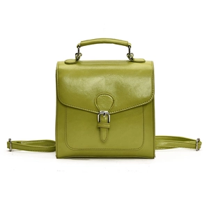 Olive green vintage student backpack with polished faux leather and metallic buckle