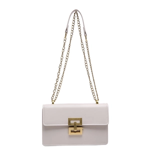 Minimalist beige crossbody bag for women with gold chain strap and square metal clasp