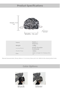 Size specifications and colors of the silver sequin bucket bag with chain strap