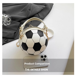 Detail of soccer-shaped crossbody bag with white handles and gold chain strap and phone
