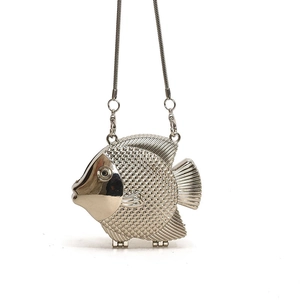 Mini silver fish shaped metal crossbody bag with elegant chain strap for women