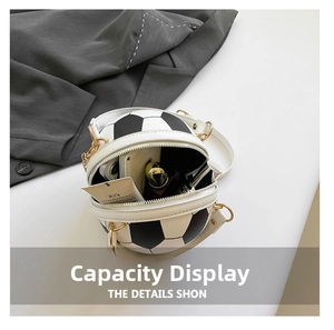 Detail view of round football shape bag showing internal storage for phone and makeup