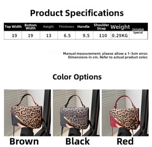 Detailed size guide and dimension chart for the leopard print luxury crossbody handbag