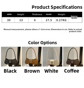 Size chart and dimensions for the patterned underarm shoulder bag with metal logo