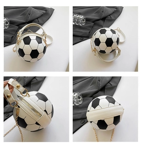 Detail view of soccer-shaped PU leather bag with chain strap and handle in four-grid layout