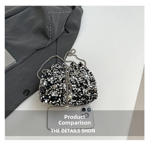 Detailed comparison of sequin bucket bag with smartphone showing size and silver chain
