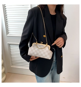 Fashionable checkered shell bag with gold chain strap shown on model in office wear