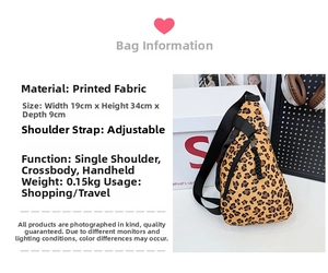 Dimensions du sac bandoulière léopard montrant la taille 19x34x9cm et détails du tissu