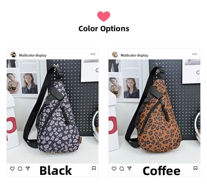 Détail des sacs bandoulière à motif léopard en noir et marron avec étiquette orange
