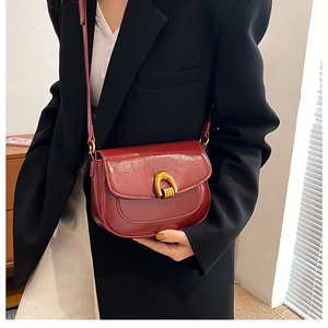 Detail of a dark red glossy saddle bag featuring a gold horseshoe metal buckle and strap