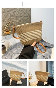 Detail showing the brown and beige striped woven texture of this straw bucket bag