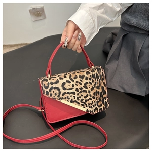 Detail of red crossbody bag with leopard print flap and elegant gold metal trim