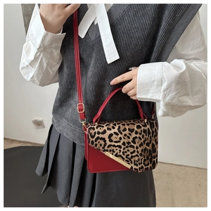 Detail of leopard print flap and gold metal trim on red leather crossbody square bag
