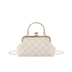Retro Boston doctor bag in beige with floral prints and gold chain strap