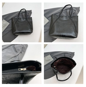 Détails du sac cabas noir à motif crocodile avec fermeture éclair et intérieur spacieux
