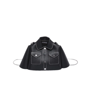 Unique black jacket-shaped crossbody bag with white stitching and silver chain strap