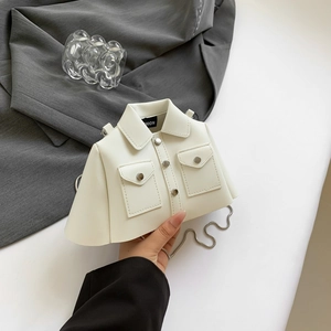 Creative white shirt-shaped crossbody bag with silver chain and metal button details