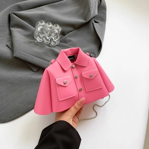 Pink shirt-shaped crossbody bag with jacket design elements and silver metal chain strap