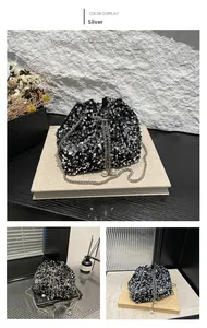 Detail of silver sequin bucket bag with drawstring closure and elegant pearl pendants