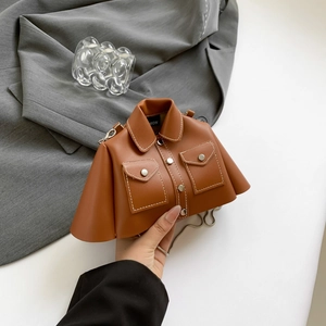 Brown shirt-shaped leather crossbody bag with collar and metal buttons detail