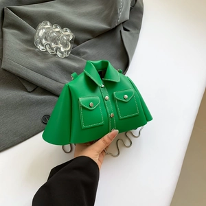 Creative green jacket-shaped mini crossbody bag with silver snake chain strap
