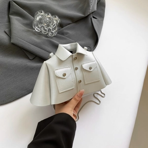 Unique shirt-shaped mini crossbody bag in white with metallic buttons and chain strap