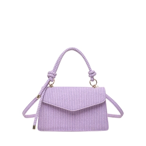Lavender woven crossbody bag with knot handle and gold hardware on white background
