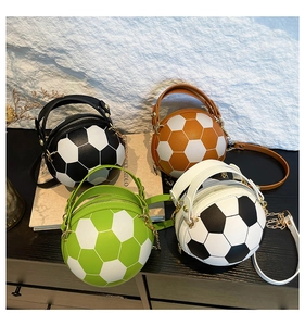 Detail of soccer ball shaped crossbody bags showing hexagon panels and metal chain straps