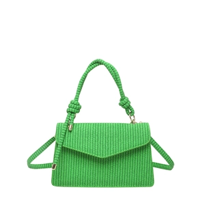 Minimalist bright green woven handbag with knotted top handle and flap closure