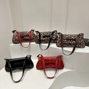 Bow Knot PU Leather Underarm Bag Leopard Print Minimalist Shoulder Baguette Bag For Women Casual Daily Fashion