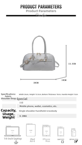 Detaillierte Größenangaben für silberne Metallic-Handtasche mit Gurtmaßen