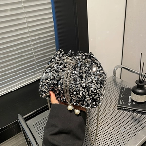 Silver sequin bucket bag for women with chain drawstring and pearl accents