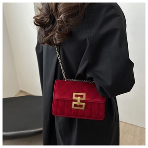 Detail of burgundy velvet crossbody bag with gold chain and vintage metal closure on model