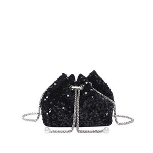 Sparkly black sequin bucket bag with silver chain strap and pearl drawstring details