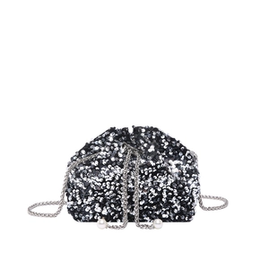 Sparkly black and silver sequin bucket bag with silver chain and pearl drawstrings