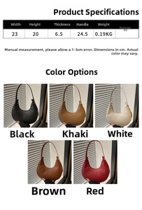 Size chart for retro PU leather crescent hobo bag showing dimensions and five color options