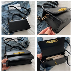 Detailed views of black crossbody bag with gold lock buckle and internal capacity