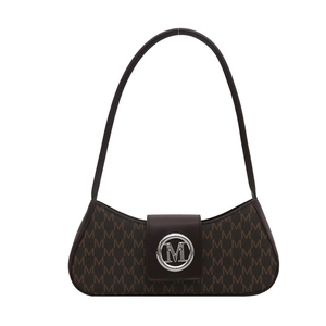 Classic dark brown monogram baguette shoulder bag with silver M-shaped metal buckle