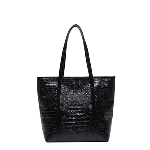 Classic black crocodile texture tote bag with high gloss finish and large capacity