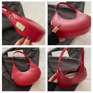 Detailed four-way view showing woven texture and spacious interior of red hobo bag